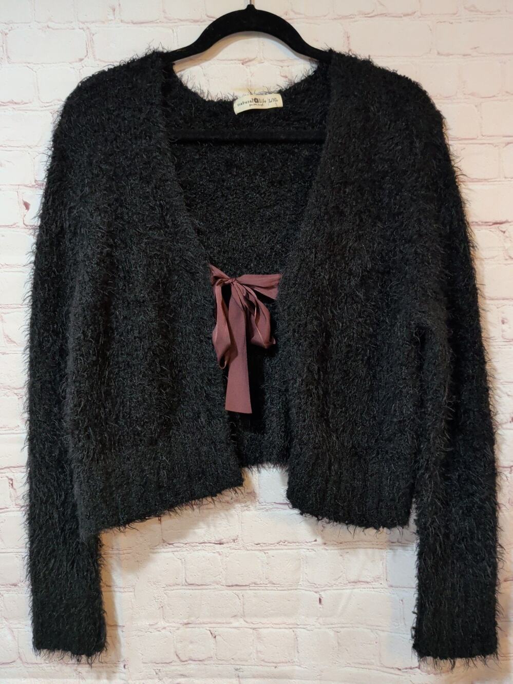 Natural Life Black Eyelash Knit Front-Tie Shrug Cardigan Sweater Size L/XL